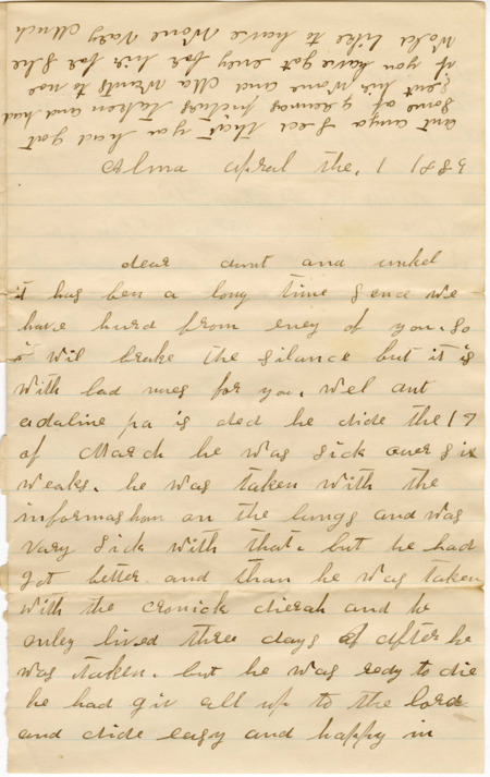 Letter from Ada May Kirby to her aunt, Adeline Mosher, wife of Raycide Mosher; includes discussion of the death of a family member and other family news.