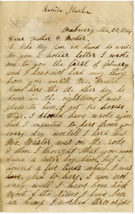 Letter from Raycide Mosher to his father, Henry "Harry" Mosher, and mother, Sarah "Sally" Mosher; includes description of Raycide's ill health, the landscape of Tennessee, the work of his regiment, and the food available in his camp near Nashville.