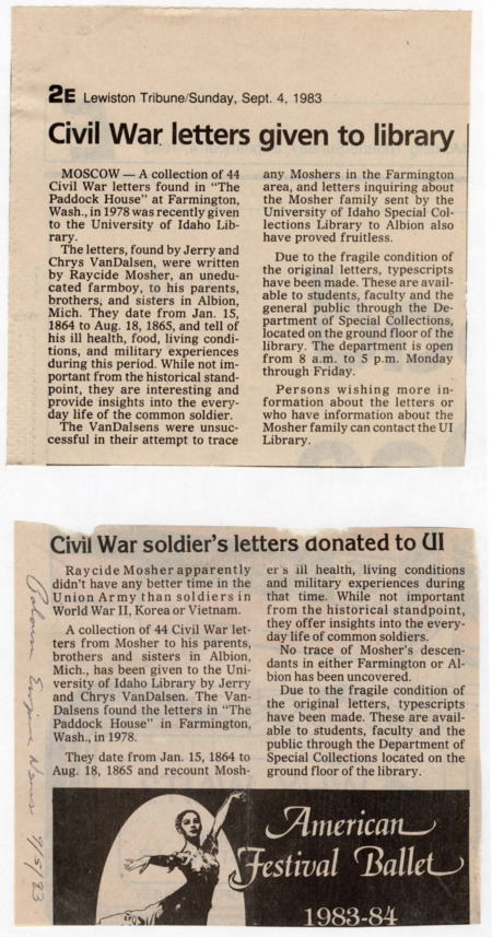 Articles from the newspapers the Lewiston Tribune and Palouse Empire News announcing the donation of the Raycide Mosher letters to the University of Idaho Library in September 1983.