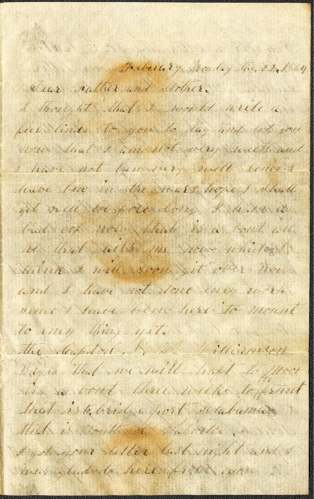 Letter from Raycide Mosher to his father, Henry "Harry" Mosher, and mother, Sarah "Sally" Mosher; includes description of Raycide's ill health, the possibility of his unit moving to Bridgeport, his family's debts, and his clothing.