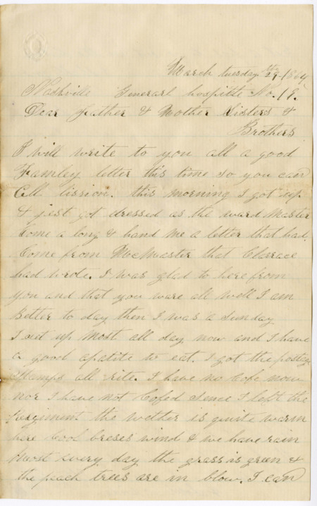 Letter from Raycide Mosher to his family; includes description of Raycide's health, activities around the hospital in Nashville, news on the Confederate war effort, and developments in the family.