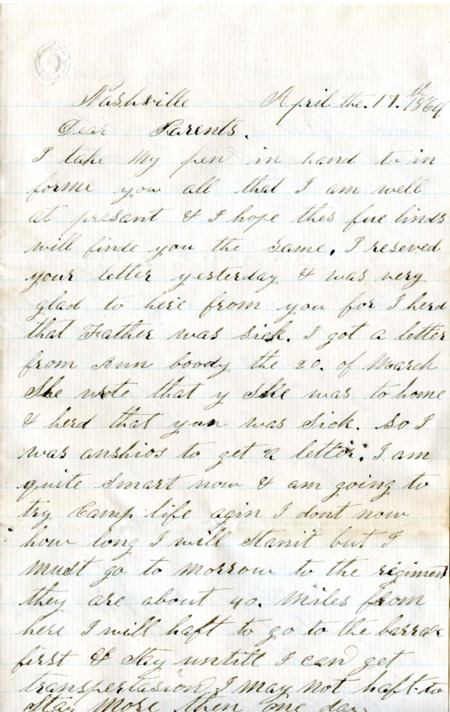 Letter from Raycide Mosher to his father, Henry "Harry" Mosher, and mother, Sarah "Sally" Mosher; includes description of Raycide's activities around the hospital in Nashville, food, clothing, and his pay.