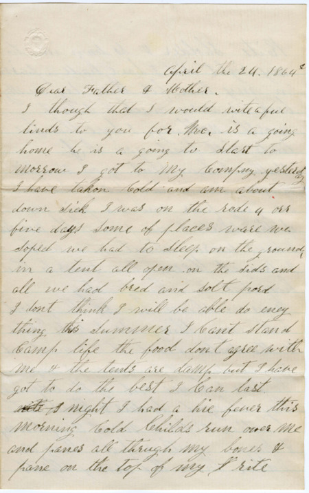 Letter from Raycide Mosher to his father, Henry "Harry" Mosher, and mother, Sarah "Sally" Mosher; includes description of Raycide's ill health, clothing he sent home, and food and medicine he wanted his family to send to him.