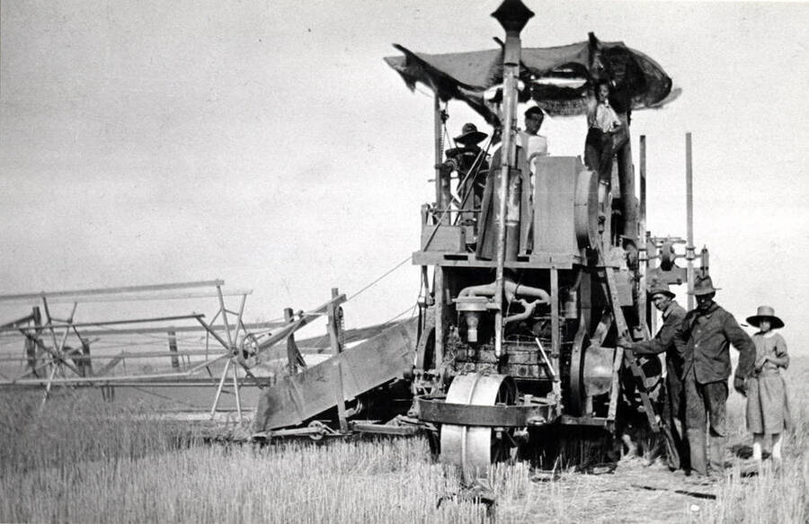 Holt self-propelled combine harvesting wheat on Asotin Flats. Picture courtesy of Lawrence Welle, Twin Willows Museum, Uniontown, Washington. Pictures 1919.