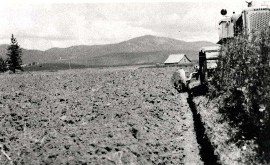 Summerfield farm showing Floyd Trail plowing sweet clover in 1963. Field was planted to fall wheat and in 1964 yielded 94 bushels per acre without the addition of commercial fertilizer . Farm now known as the Suddreth farm.