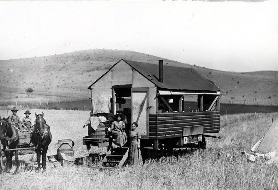 Cook wagon and the two cooks at doorway in center of picture. Roustabout and team at left with a part of the cook's tent showing at right of picture. Early 1900s. No identification.