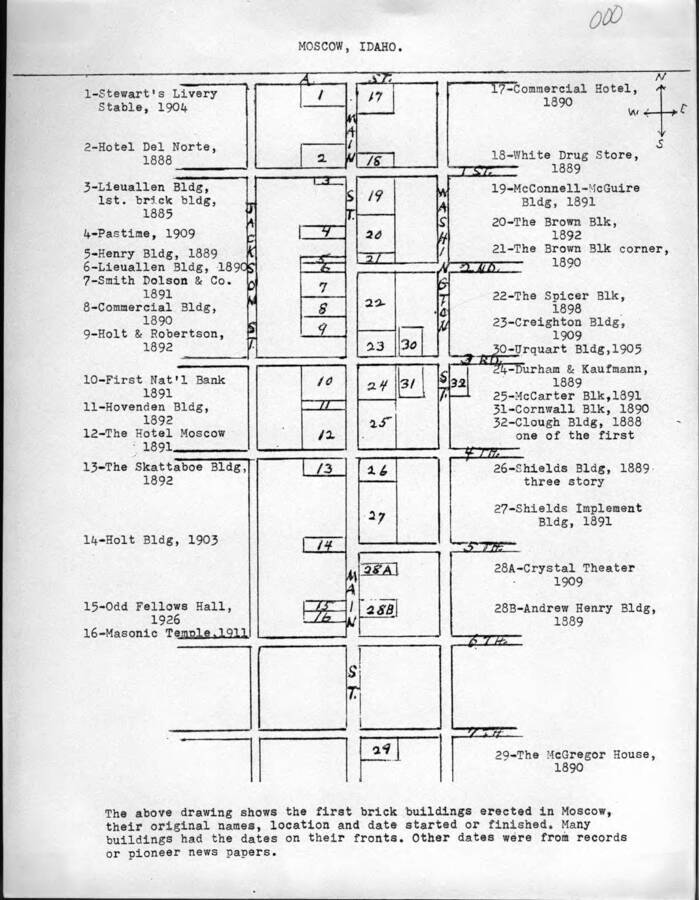 The drawing shows the first brick buildings erected in Moscow, their original names, locations, and date started or finished. Other dates were from records or pioneer newspapers.