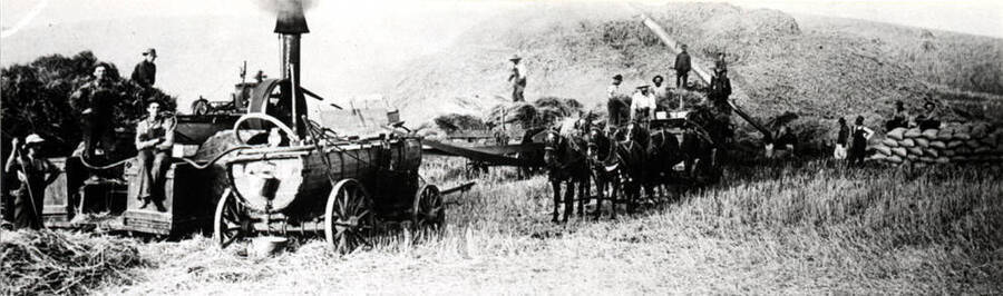 Stationary threshing outfit (30-6 Red River Special) average 1,000 sacks per day, record of 1,700 sacks in one day near Genesee, Idaho. Left to right: 1- Albert Lewis, 2- Haliday, 4- Willie Jelleberg, 7- Dave LaFonde, 15- Scobie.