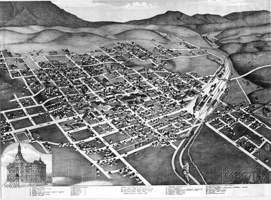 Bird's eye view of the city of Moscow Latah County. 1897
