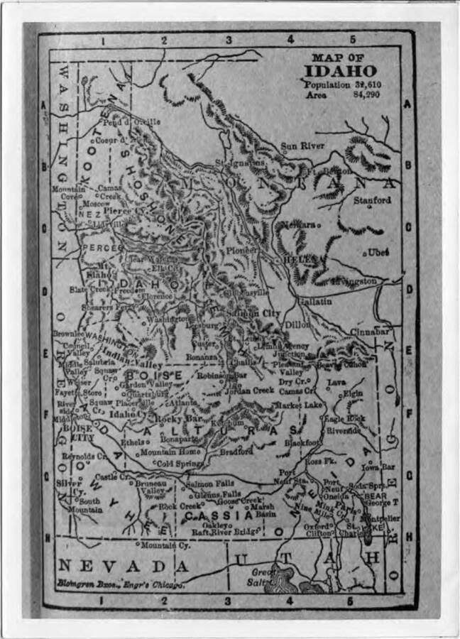 Pictures were copies from a Conklin's atlas of 1880. Moscow shows on the map but not Lewiston. Chief [Idaho] cities at that time were Boise (capitol), Florence, and Silver City.