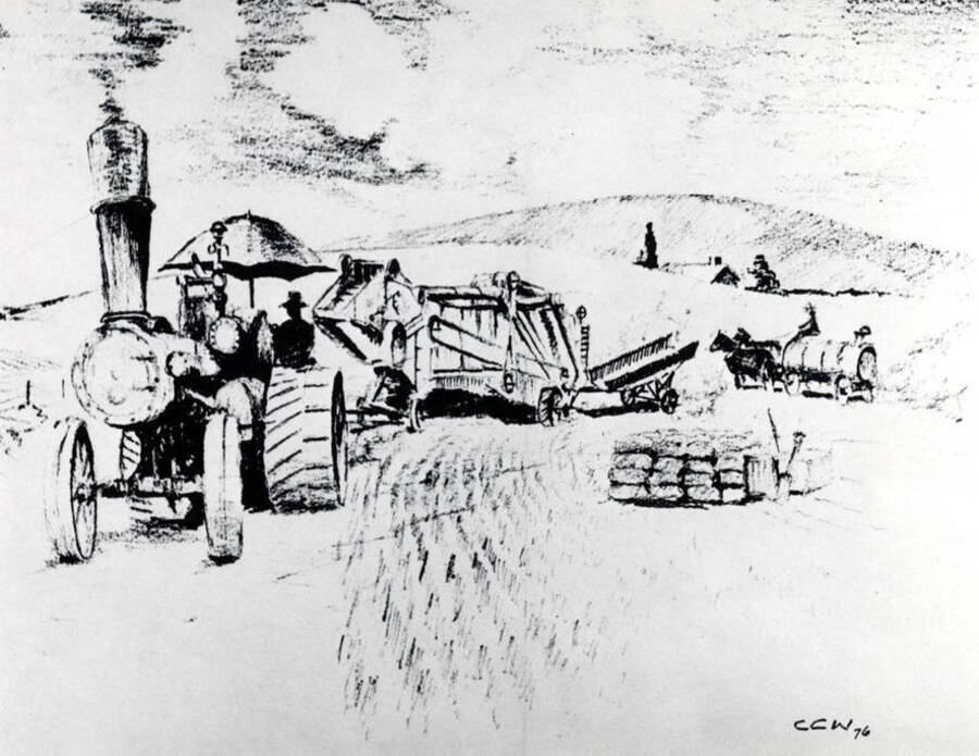 Drawing by Cal C. Warnick of a threshing outfit moving from a setting just finished. Engine in the drawing was copied from the picture above. December 1976.