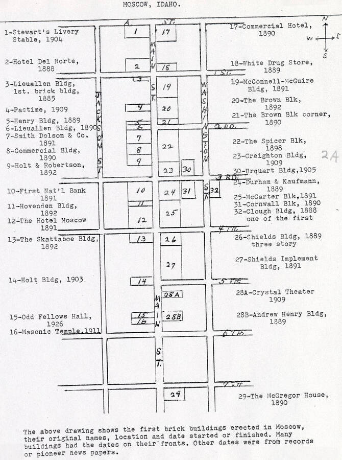 Map: first brick buildings erected in Moscow. On back: The names and dates of the first brick buildings built in Moscow were researched by Lillian (Woodworth) Otness in 1982 and [are] believed to be reasonably correct. Lillian is the granddaughter of Almon Asbury Lieuallen and daughter of Lilly [Lillie] (Lieuallen) Woodworth. William Neff homesteaded the northwest 160 acres of Moscow in 1871 from Main Street west and Sixth Street north. In 1875 A.A. Lieuallen purchased the Neff property and put up a small store building at the southwest corner of First and Main streets. This was the location of the first post office in Moscow when it was moved from [its original location named] Paradise Valley. Lieuallen built the large house still standing on Almon Street at the west end of First Street in 1884. Streets west of Jackson were named after the Lieuallen family, Almon, Asbury, Lilly [spelling of street name is correct] and Lieuallen.