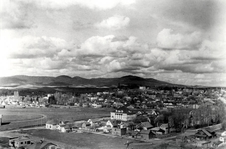 Looking northeast at Moscow from Morrill Hall in 1924. Copy from a 16 x 20 original picture from John Leudke of Genesee, Idaho. X = Alpha Phi sorority