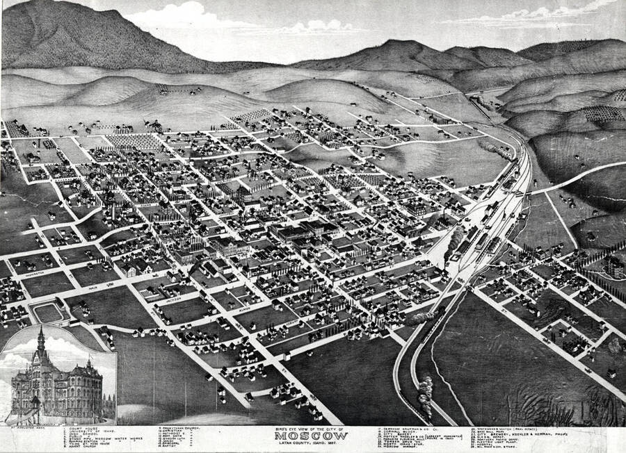 Birds-eye view of the city of Moscow, Idaho, 1897; a drawing by Augustus Koch. He drew Lewiston, 1898.