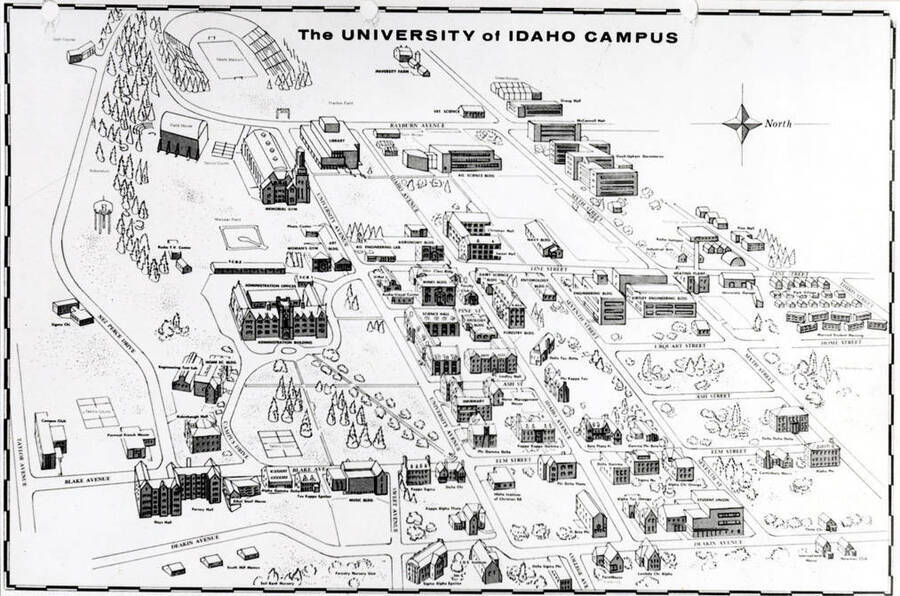 An aerial view of the University of Idaho campus, circa 1959.