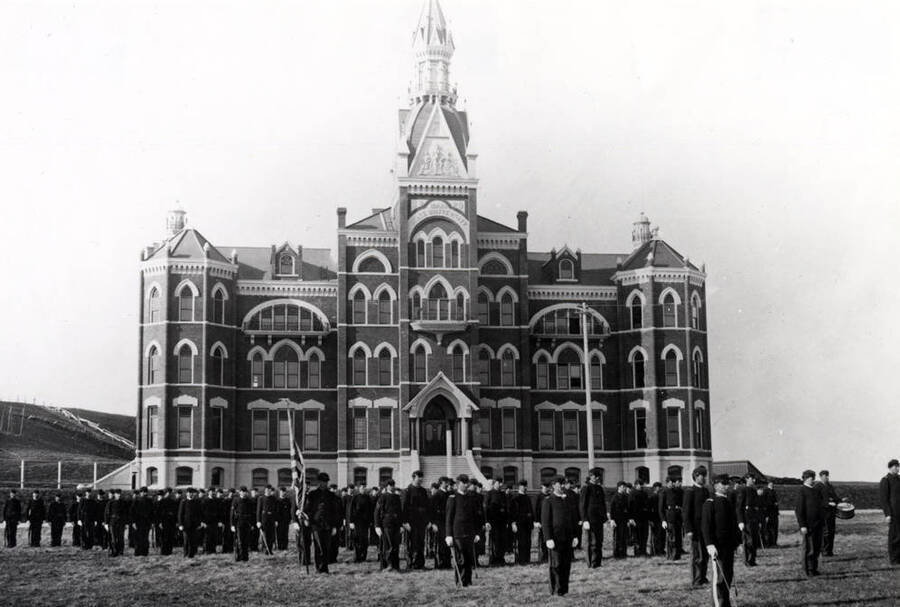 Administration Building and cadets, April 1, 1896.