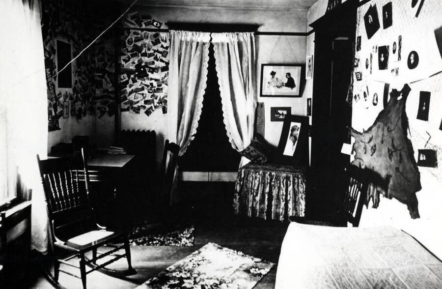 Student's room in Ridenbaugh Hall, a girls' dormitory built in 1903. Picture from a glass transparency about 1907.