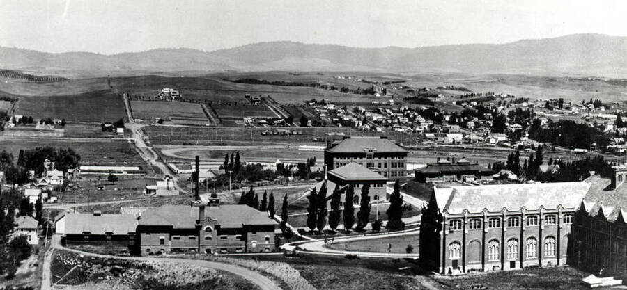 Part 1 of 3 parts of a panoramic. Looking north at Moscow in 1916 from the University Hill. Photo by Allen Photo Co.