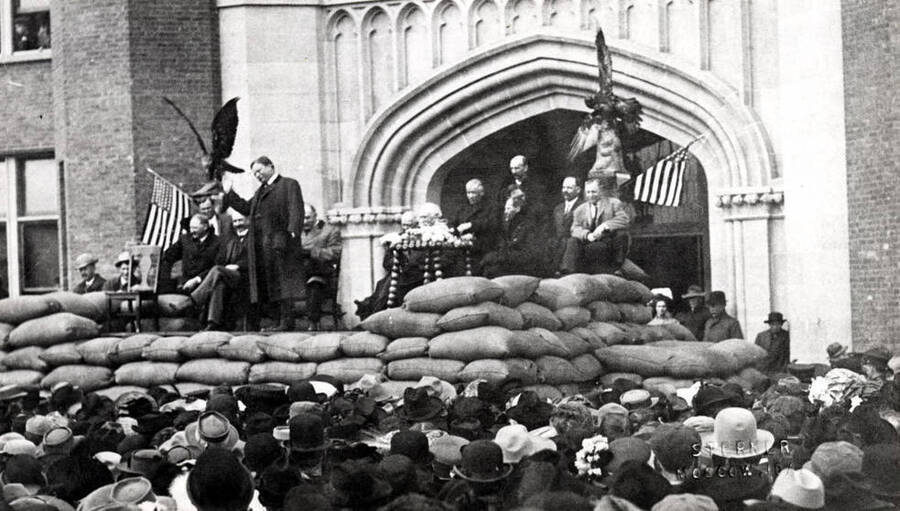 Colonel Roosevelt on speakers' platform, April 10, 1911.
