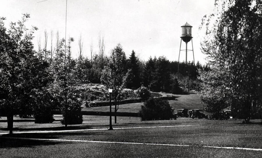 Old University of Idaho water tank and arboretum on the hillside below the tank. Picture about the 1920s.