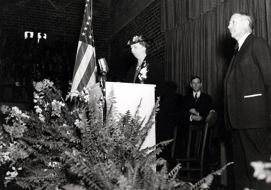 Eleanor Roosevelt on speakers' platform at University of Idaho. March 26, 1938.