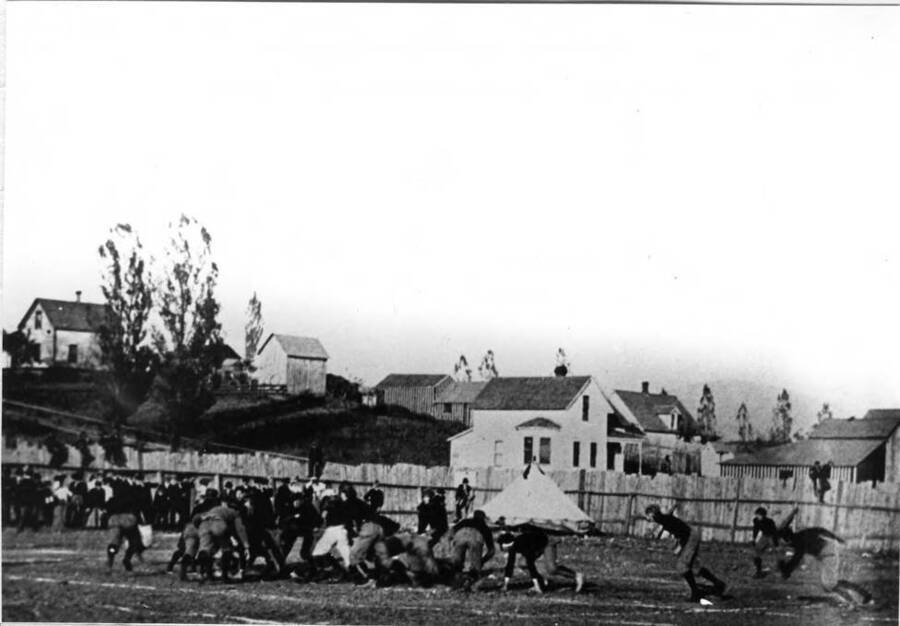 Athletic field was located on the west side of Main between D and E streets. Looking northeast at the corner of Main and E streets.