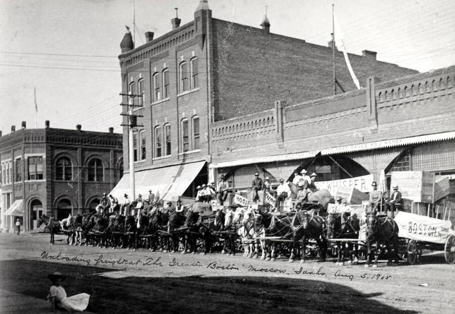 Unloading freight at the Greater Boston Store, August 5, 1905. At this time, the store had expanded to include all the block except the three-story Shields Building at left.