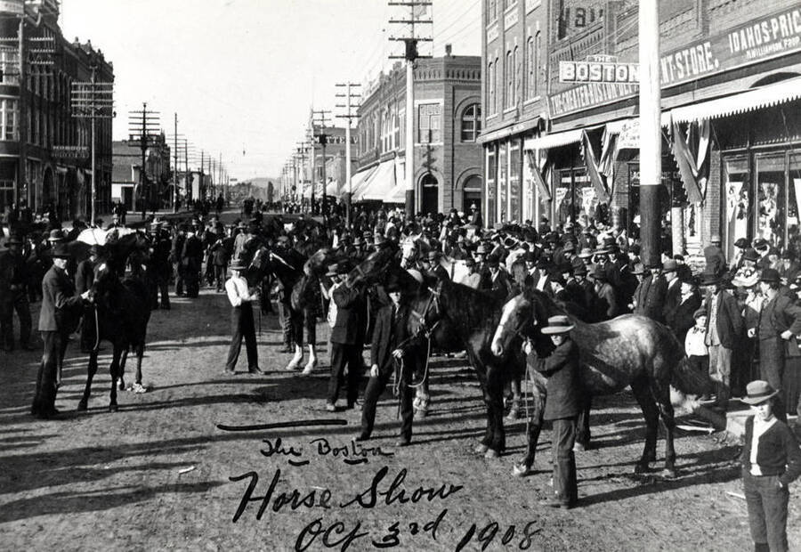 Greater Boston horse show in front of the store, 1908.