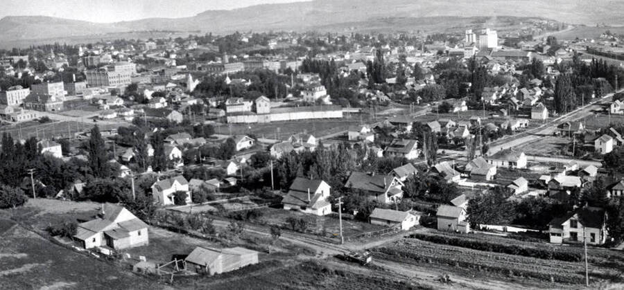 Part 2 of 3 parts of a panoramic. Looking southeast at Moscow in 1926 from the hill in northwest Moscow. Photo by Allen Photo Co.