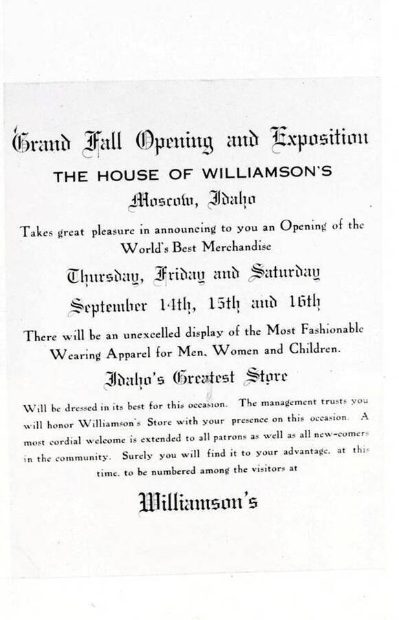 [photo of newspaper advertisement?] Grand fall opening and exposition, the House of Williamson's, September 14-16, 1913.