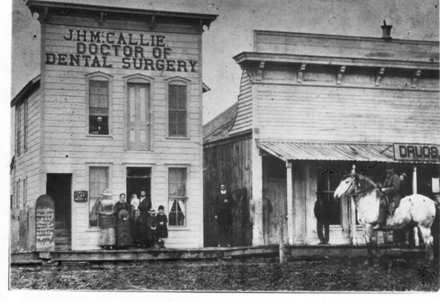 Northeast corner of Main and First streets about 1883. White Drug Store, predecessor to Hodgins Drug Store.