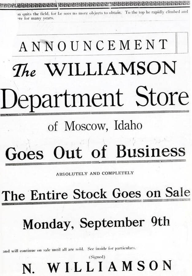 Photo of newspaper advertisement announcing closure of Williamson store September 9, 1918.