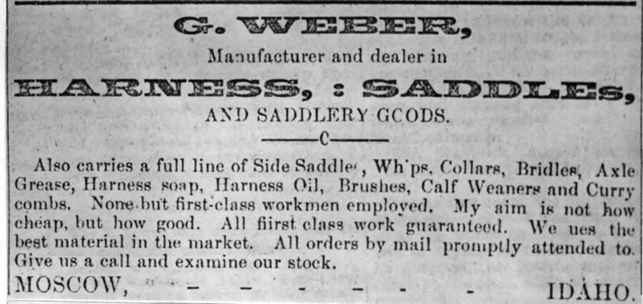 Advertisement for G. [Gottfried] Weber, manufacturer and dealer in harness, saddles, and saddlery goods.