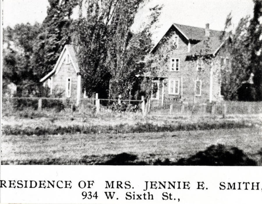 [Photo of newspaper photo?] Wording on photo: "Residence of Mrs. Jennie E. Smith, 934 W. Sixth St." Built in the 1890s west of Line Street.