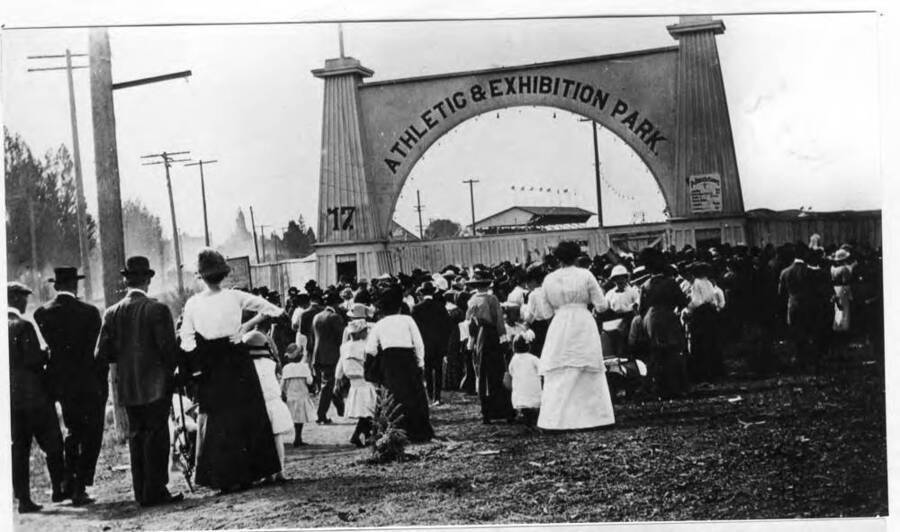 Entrance to Latah County Fair Grounds located north of Sixth Street and west of the railroad tracks. Picture about 1911.