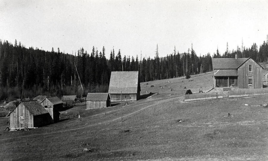 Byseggar farm buildings in the early 1900s about seven miles north of Potlatch on the east side of Highway 95. Ed Byseggar, a son, still at this location in newer buildings as of 1976.