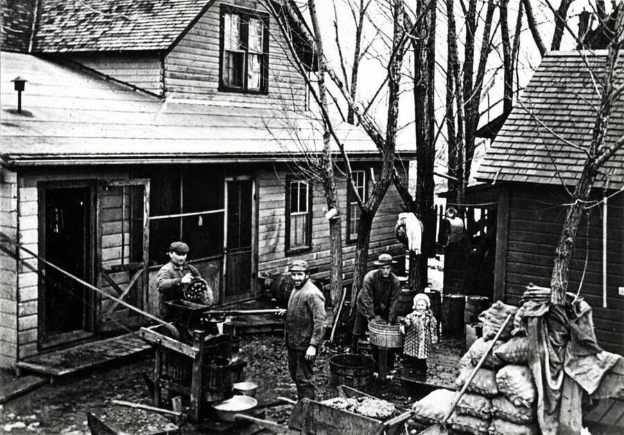 Cider making at the Haefer farm near Uniontown, Washington 1915. Cider mill driven by a gasoline engine from the corner room of house. Picture courtesy [of] Welle, Twin Willows Museum.