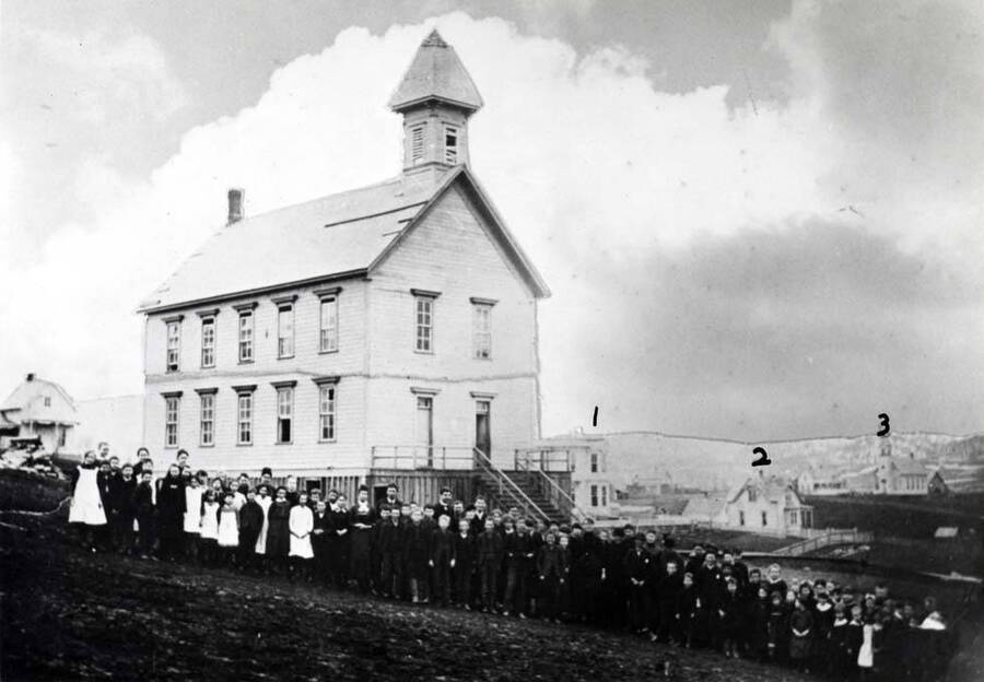 Russell School built in 1884 with 1- McConnell Mansion, 2- residence at the northwest corner of Adams and Second streets, and 3- Presbyterian Chruch before the first Latah County Courthouse was built 1888-89.