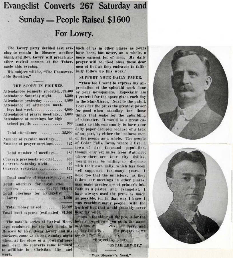 [Photo of newspaper article?] Headline: "Evangelist converts 267 Saturday and Sunday = people raised $1600 for Lowry." Also photos of Professor George Moody, musical director and soloist and Reverend Oscar Lowry who conducted the revival meetings. In addition to the choir there were two pianos with two players at each piano.