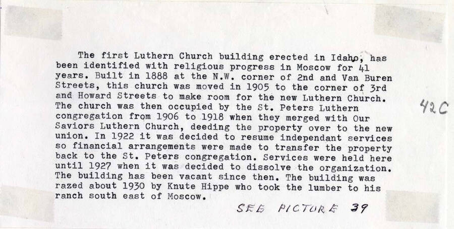 [Textual material regarding first Lutheran Church building erected in Idaho.]