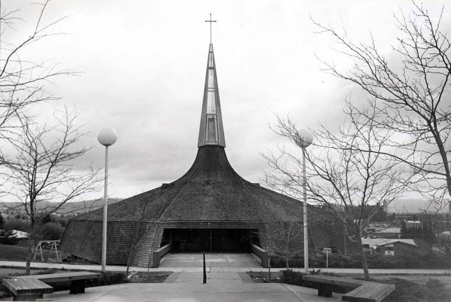 At the northeast corner of A Street and Peterson Drive. Built in 1967-68 with the first services held Easter Sunday, April 14, 1968, and dedicated May 19, 1968. Picture by Clifford M. Ott, May 5, 1981.