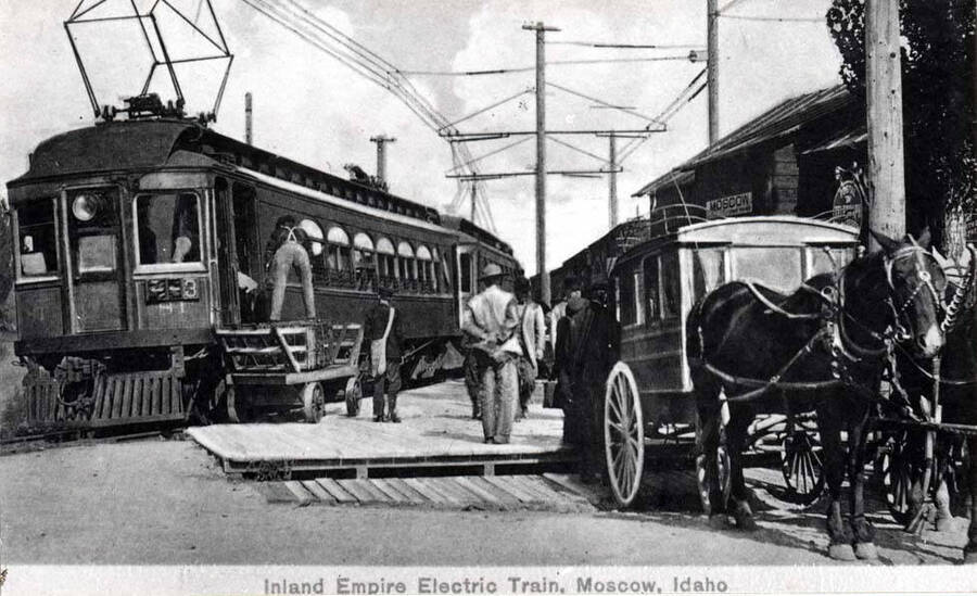Spokane & Inland Electric Railroad Company arrived Moscow 1908. Depot located at northeast corner of A and Almon streets. George Richardson first agent, continuing for many years.