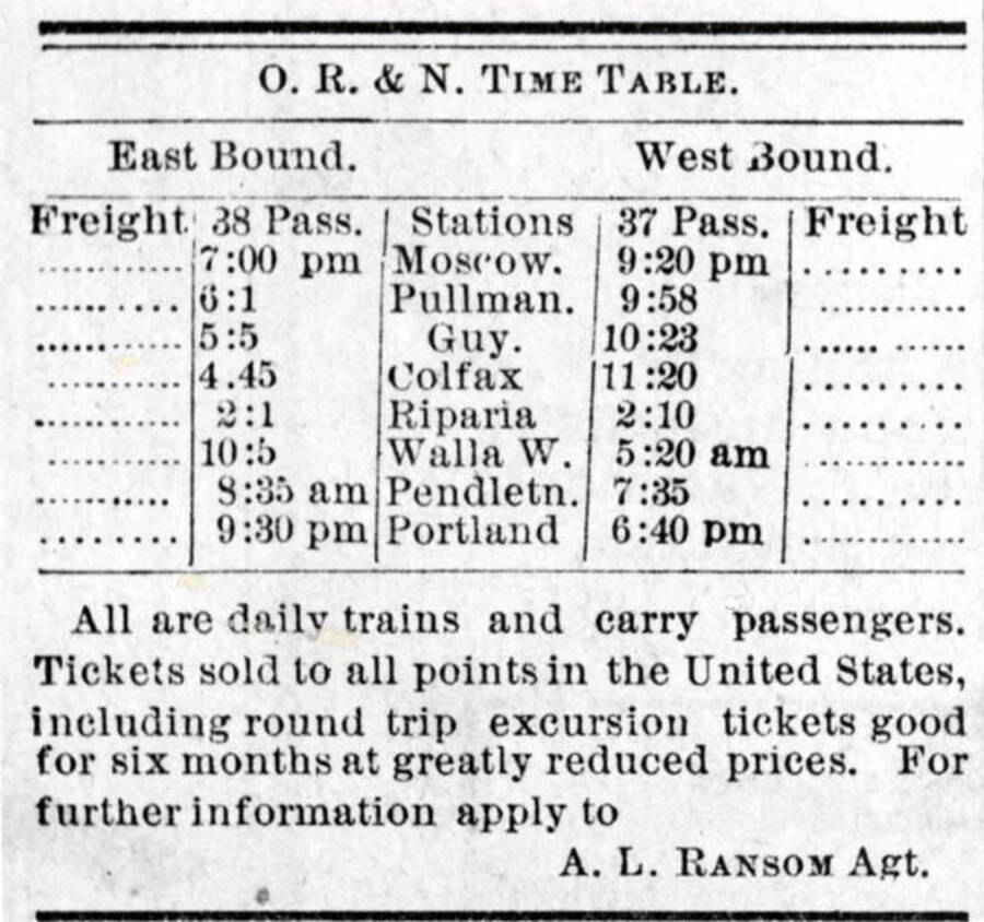 Oregon Railroad & Navigation Company time table.