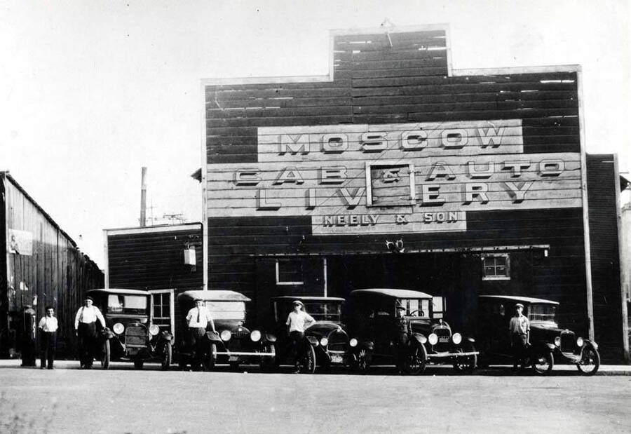 Moscow Livery Stable. Southeast corner of Fourth and Jackson streets. Changed to Moscow Cab & Auto Livery, Neely & Sons. Built in the 1890s.