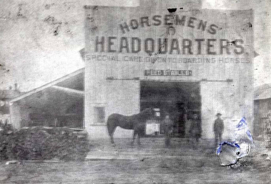 Horseman's Headquarters. Caption with photo: "Above is one of Moscow's early day feed stables. The building shown above was owned and operated for several years by the lates Charles L. Williamson. Dr. C.L. Gritman later bought the property and for several years used the building for his horses and later built a garage on the same site, just back of the Gritman Memorial Hospital on Seventh Street."