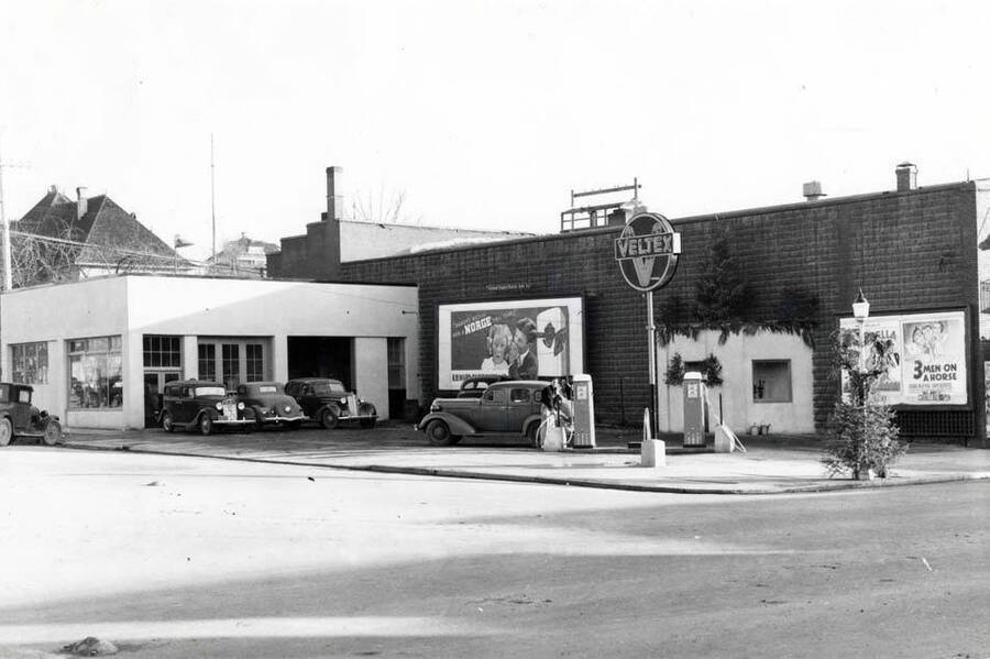 Southeast corner of Fifth and Main streets. September 9, 1944. Veltex service station. Small building on corner removed.