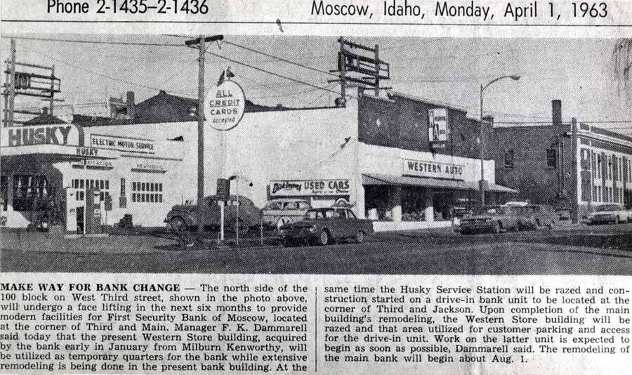 [Photo of newspaper photo and caption]. North side of Third Street between Main and Jackson streets. All of the above [90-9-120?] buildings were razed in 1963 to make way for the new First Security bank, parking area and drive-in bank.