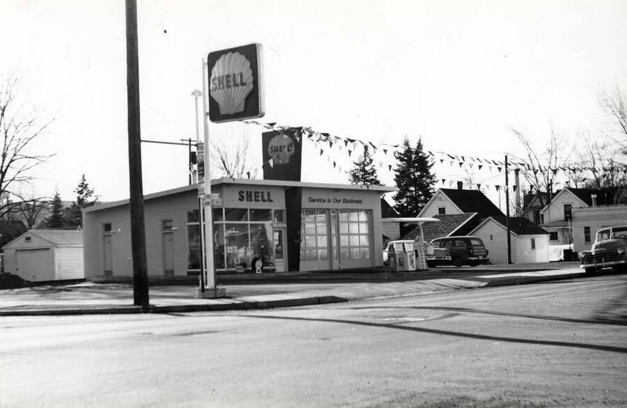 Southwest corner of Third and Almon streets. Shell service station about 1950s.