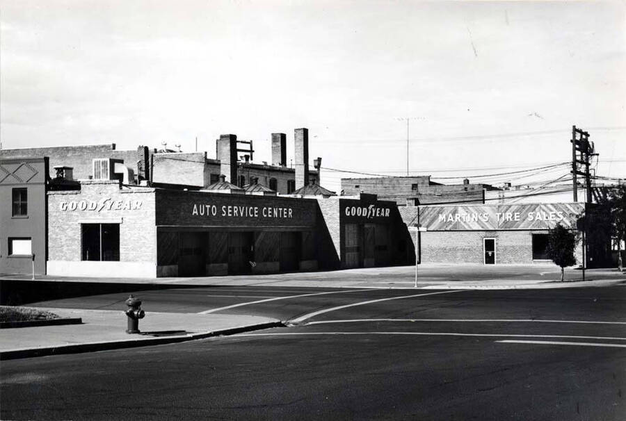 Martin's Tire Service at the southwest corner of Second and Washington streets. Remodeled by Martin in 1977. Location formerly occupied by A.S. Frost (Oldsmobile dealer 1920s) then Bloor Motor Company. George Bloor, Pontiac dealer. Picture by Clifford M. Ott, August 14, 1977.