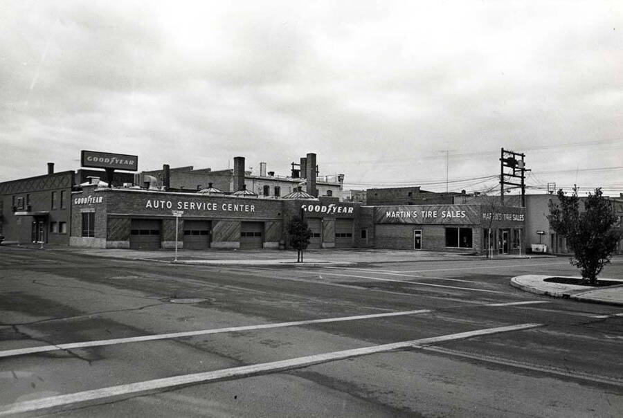 Martin's Tire Service at the southwest corner of Second and Washington streets. Remodeled by Martin in 1977. Location formerly occupied by A.S. Frost (Oldsmobile dealer 1920s) then Bloor Motor Company. George Bloor, Pontiac dealer. Picture by Clifford M. Ott, November 6, 1977.
